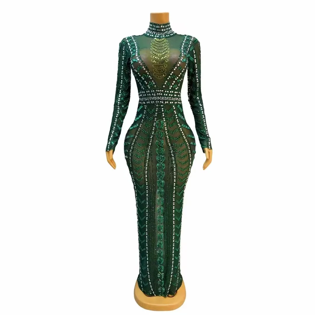

Green Rhinestones ong Seeves Dress SexyTransparent Stretch Crystals Outfit NightclubBirthday Dance Party Collections qingguo