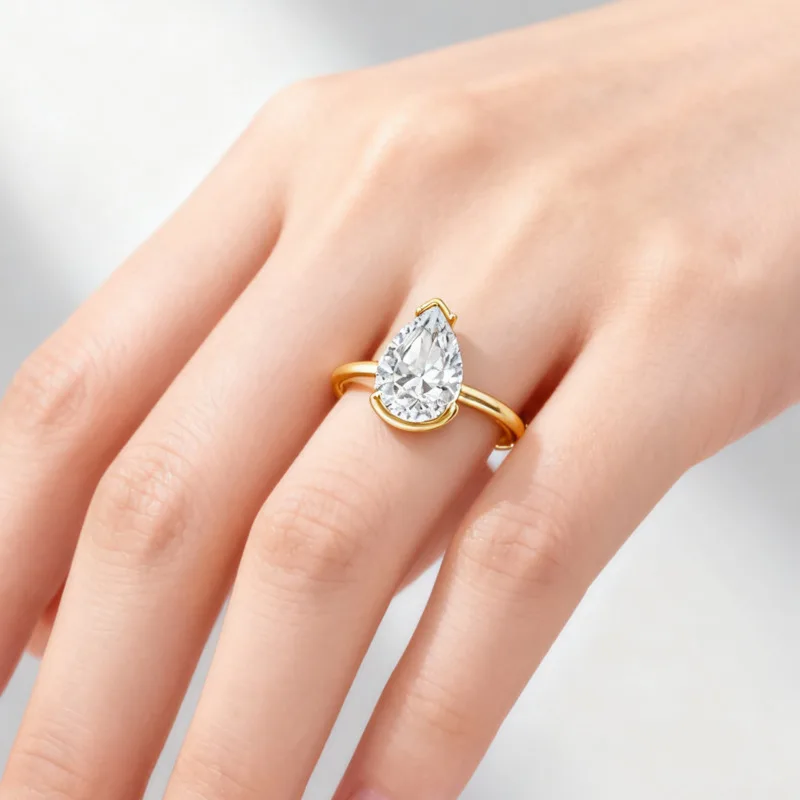 BR 8X12mm S925 Sterling Silver Gold-Plated Water Drop 4CT Wedding Ring, Fashionable and Luxurious Moissanite Ring