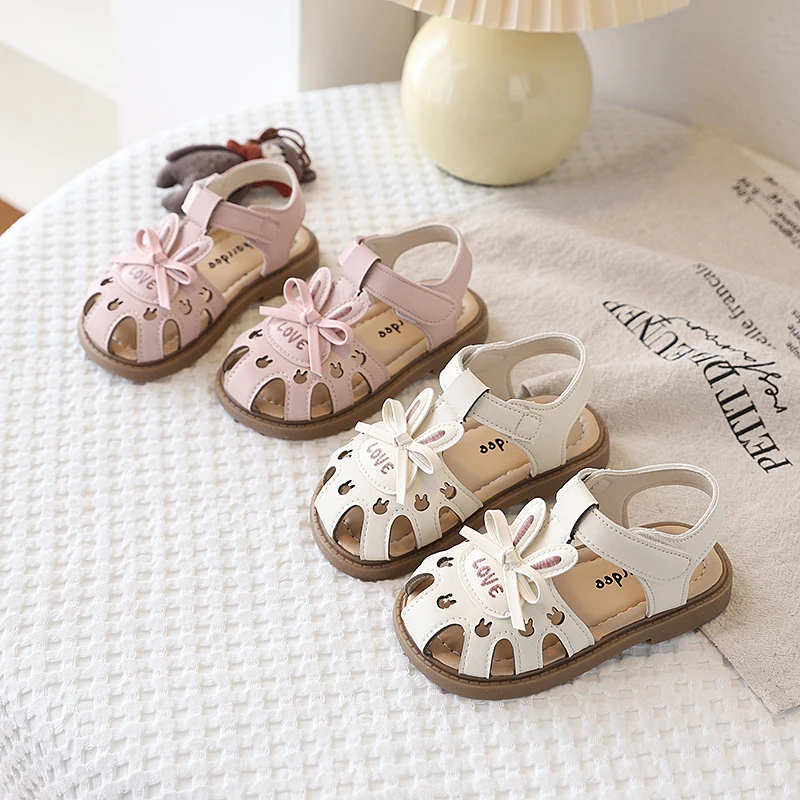 Little Girls Summer Sandals Cartoon Cute Rabbit with Love Kids Bowtie Beach Shoes Anti-kick Fashion Princess Children Flat Shoes