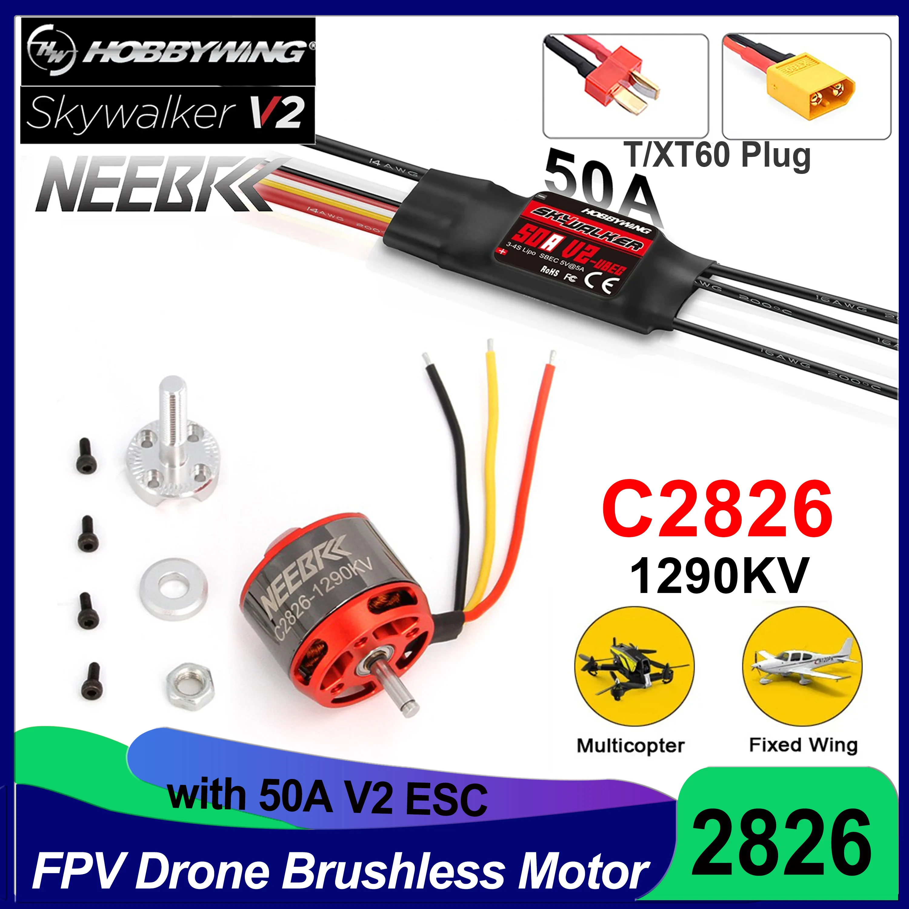 

2826 1290KV Brushless Motor RC Engine w/ Hobbywing Skywalker 50A V2 ESC Speed Controller T/XT60 Plug for Dron FPV Quacopter 1290