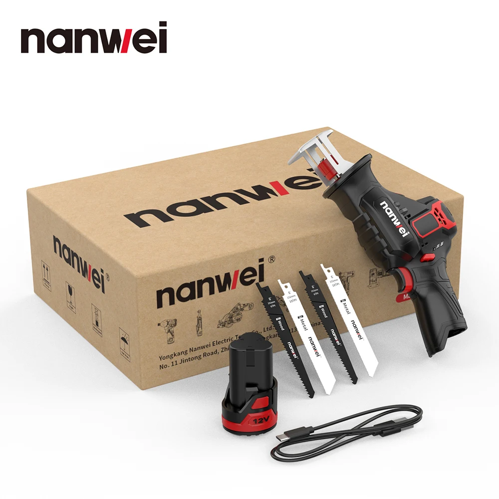 Nanwei 12V Cordless Mini Reciprocating Saw Adjustable Speed Electric Saw Saber Saw Portable for Wood Metal Cutting Saw