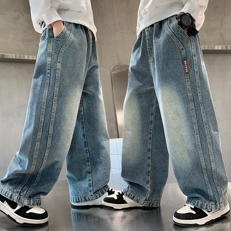 

Children Simple Casual Streetwear Baggy Jeans For Teen Boys Retro Loose Wide Leg Denim Pants Kids Classic Blue Jeans Trousers
