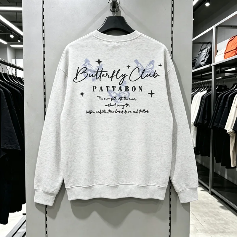 Hip Hop Streetwear Crewneck Sweatshirt Men 3D Foam Print Butterfly Letter Graphic Pullover with Star Pendant Chain Loose Casual