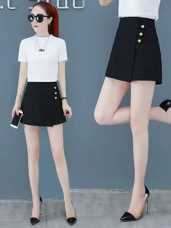 Loose Wide Leg Suit Pants Shorts for plus Size Women Black Elastic Waist High Waist Commuter Style Korean Version Breathable