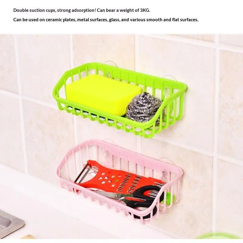 New Double Suction Cup Kitchen Sink Drain Basket Hollow Plastic Sponge Storage Rack Wall Mounted Multifunctional Organizer
