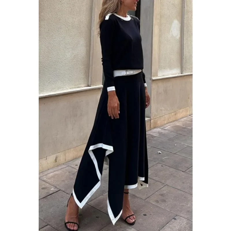 Elegant Women Two Piece Skirt Set Autumn Y2K Long Sleeve Shirt Top High Waist Irregular Long Maxi Skirt Suit Outfits Streetwear