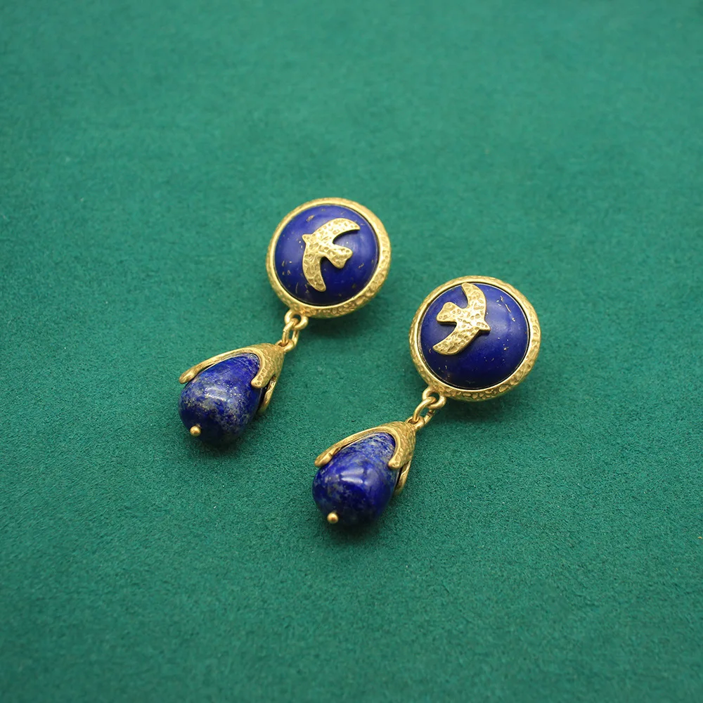 Vintage Lapis Lazuli Earrings Teardrop Peace Dove Earrings Retro Distressed Earrings Jewelry Accessories Birthday Gift for Women