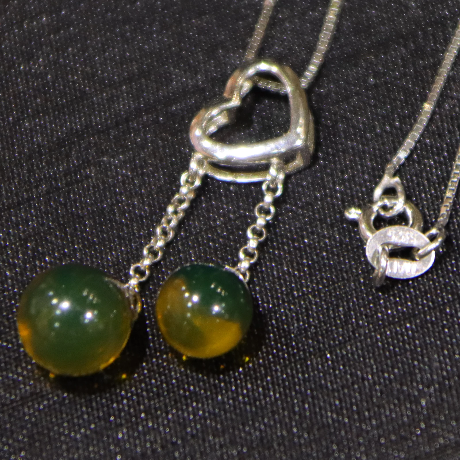 Pure Silver Natural Mexican Blue Amber Heart Pendant with Two Blue Amber Beads 7mm and 9mm