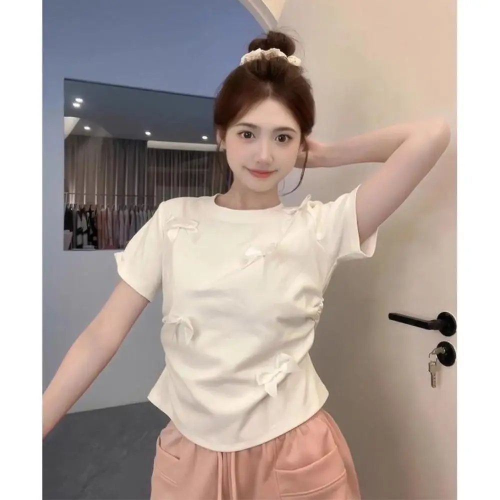 Fashion Ballet Bowknot T Shirts Short Sleeve Japanese Style Women Top Solid Color Round Collar Ribbon Crop Tank Top Women Girl