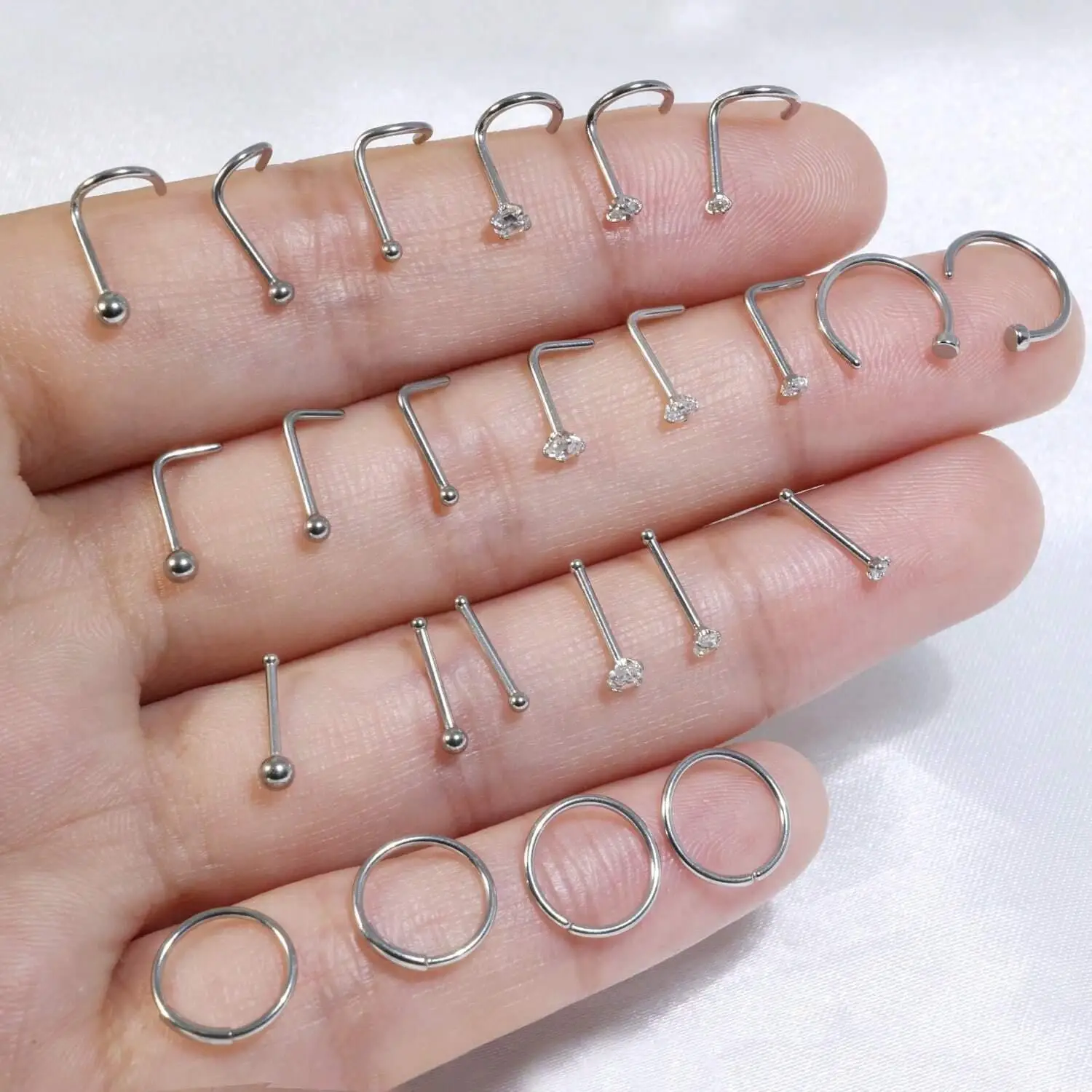 10/12/18/24/30/36pcs Stainless Steel Nose Rings Hoop L Shaped Nose Studs Nose Ring Screw Bone Piercing Jewelry Set For Women Men