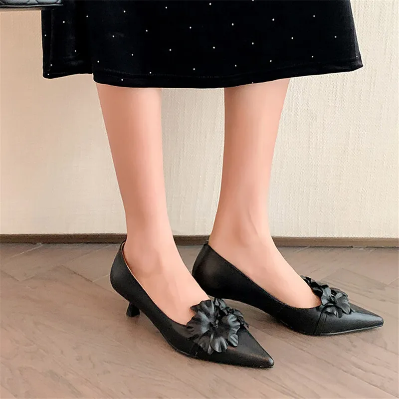 New Spring Sheepskin Women Shoes Shallow Flower Pointed Toe Women Pumps Shoes for Women Zapatos De Mujer Ladies Shoes Stiletto