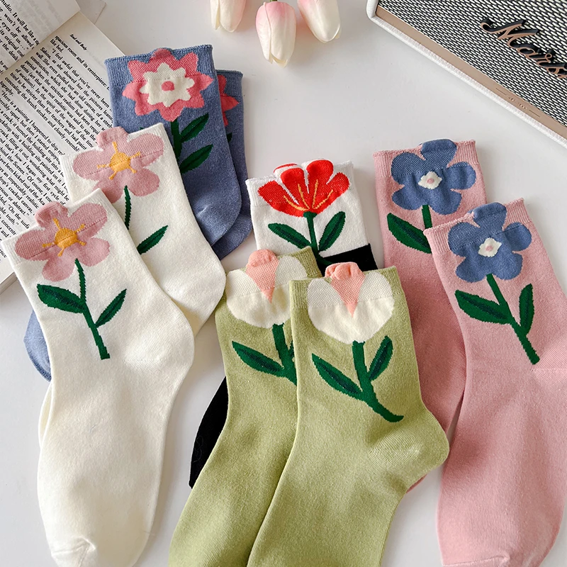 Japanese Korean Style Women Crew Socks Spring Autumn Candy Color Cute Cartoon Flower Harajuku Kawaii Casual Floral Mid Tube Sock