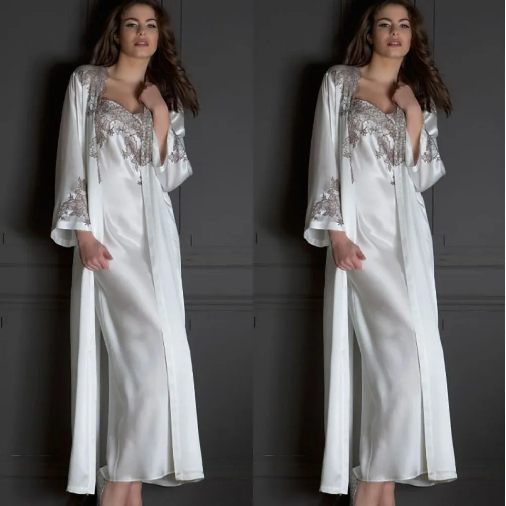 Peignoir classique lisse en satin deux pièces pour femmes, robe de nuit décontractée, col en V, appliques, manches longues, fait sur mesure, longueur de rinçage