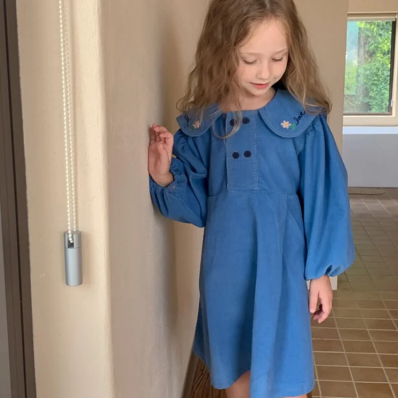 

South Korea Spring New Girls Embroidered Lapel Puff Sleeve Corduroy Dress Children's Western Style Princess Dress