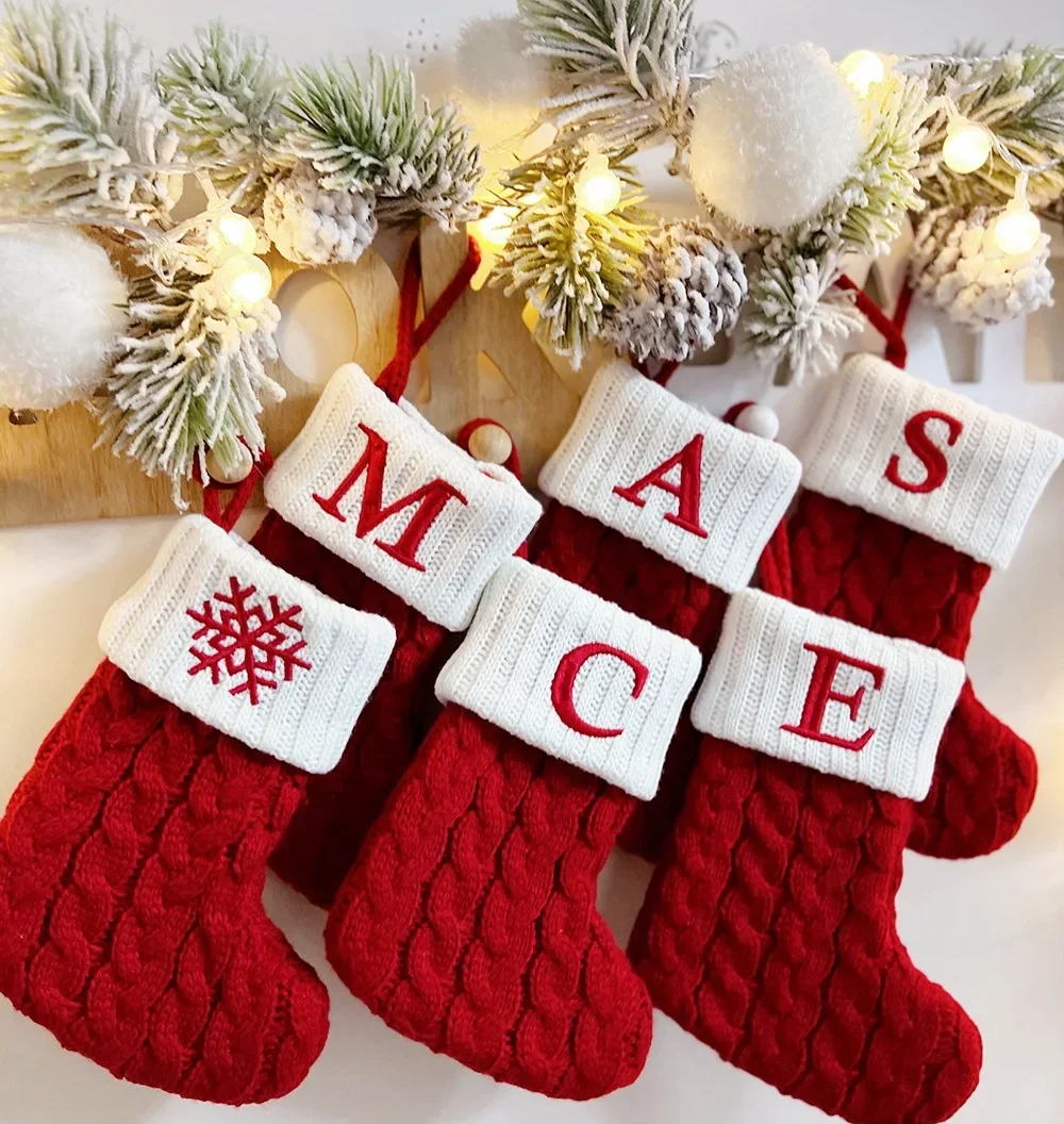

Christmas Boots Letters Christmas Stocking New Knitting Christmas Tree Pendant Decorations SnowflakeChristmas Socks