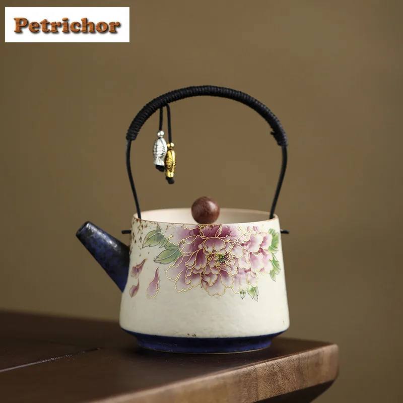 180ml Gold Silk Peony Lifting Handle Teapot Japanese Tea Infuser Pot Tea Brewing Kettle With Ball Hole Drinkware Supplies Craft