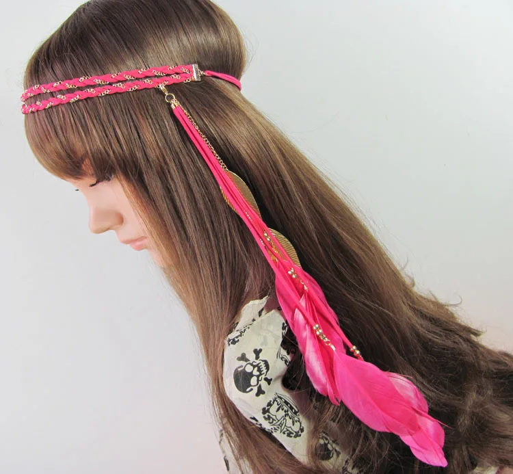 New Fashion Women Colorful Feather Headband Double Layer Spandex Velvet Striped Ribbon Bohemian Indian  Leaf Hair Band A5005
