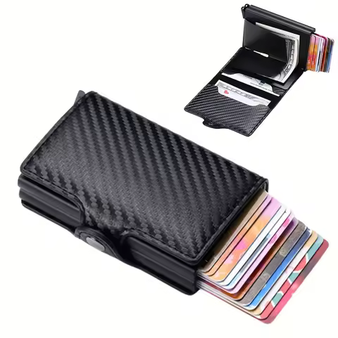 Rfid Aluminum Double Deck Buckle Men Card Holder Small Card Wallets Carbon fiber Leather Slim Mini Wallet Quality Male Purses