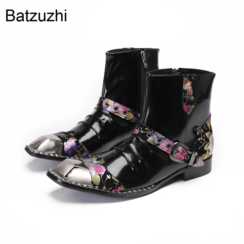 Batzuzhi 6.5cm High Heels Men's Boots Pointed Iron Toe Red Genuine Leather Ankle Boots Man Zip Fashion Party and Wedding Shoes!