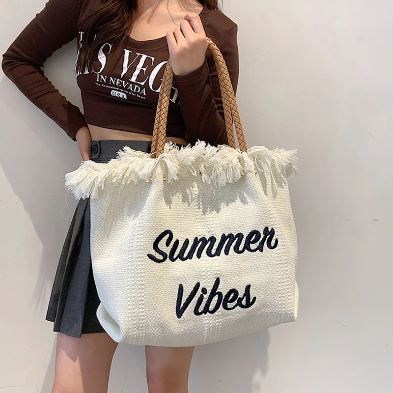 

High-quality Large-capacity Tassel Handbag New summer All-match College Women's Designer Woven Letter Canvas Shoulder Tote Bag