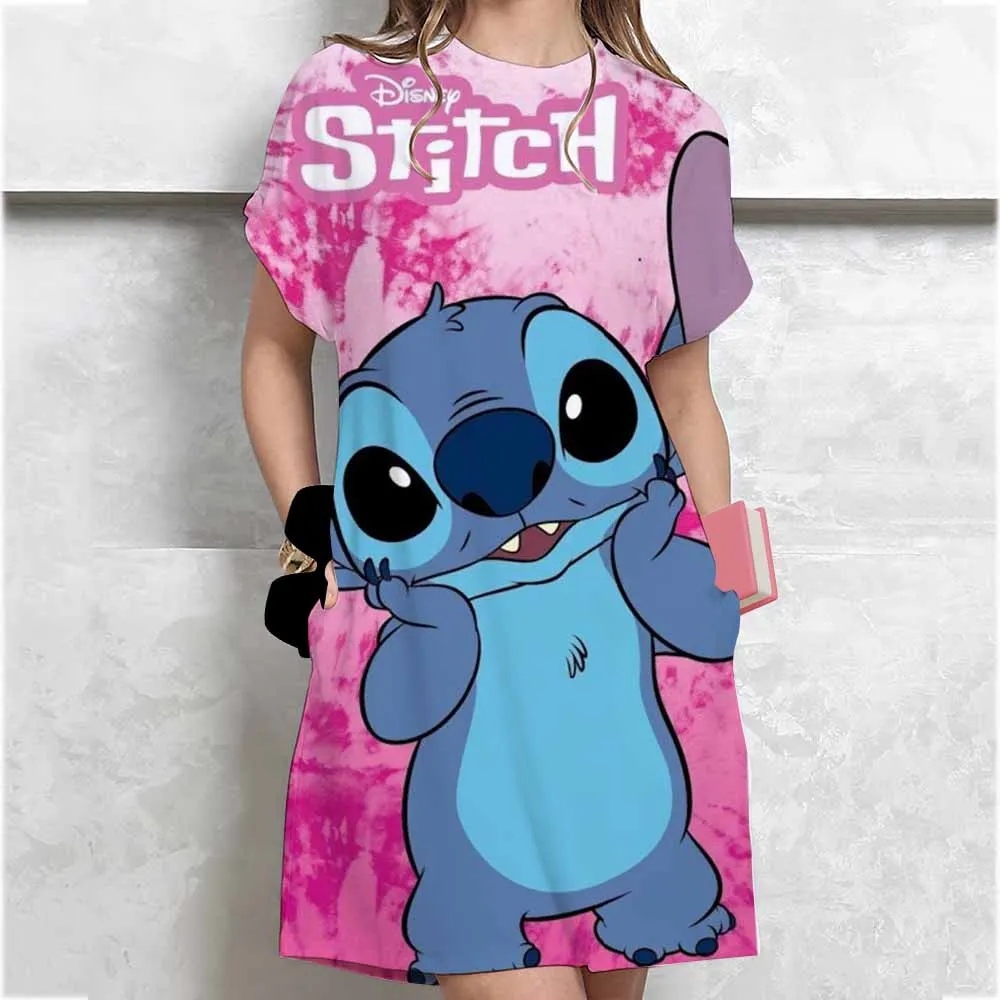 Disney Stitch พิมพ์ชุดผู้หญิงฤดูร้อนการ์ตูนแขนสั้น O-คอเสื้อยืดชุดแฟชั่นกระโปรงนอน Daily Basic Dressing