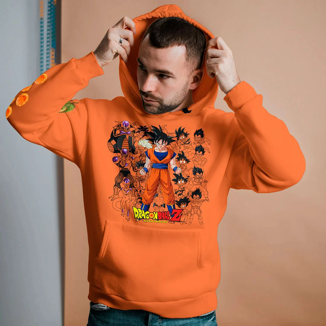 Sudadera con capucha naranja de Dragon Ball Z con estampado de grupo de amigos y Goku, jersey unisex con estilo de pelo súper Saiyan para adultos y niños