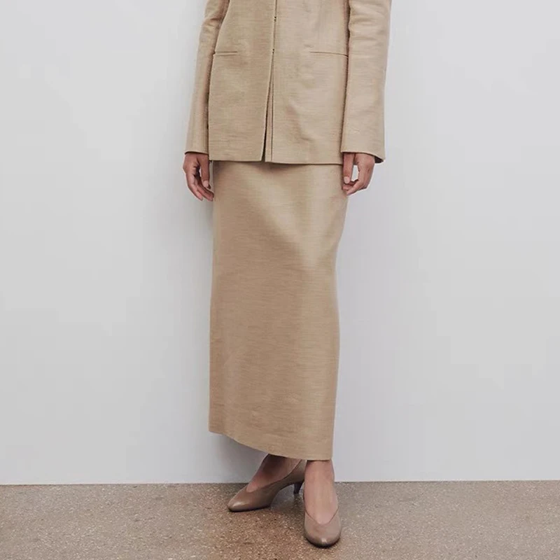 

Американская хлопково-льняная юбка миди с высокой талией и разрезом сзади, приталенная, А-силуэт, для женщин