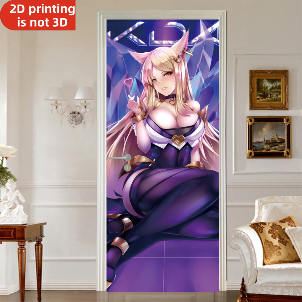 Self-adhesive Door Stickers Anime Girl Purple Outfit Design Vinyl Fridge Cover Decal Peel and Stick Wallpaper for Home Decor