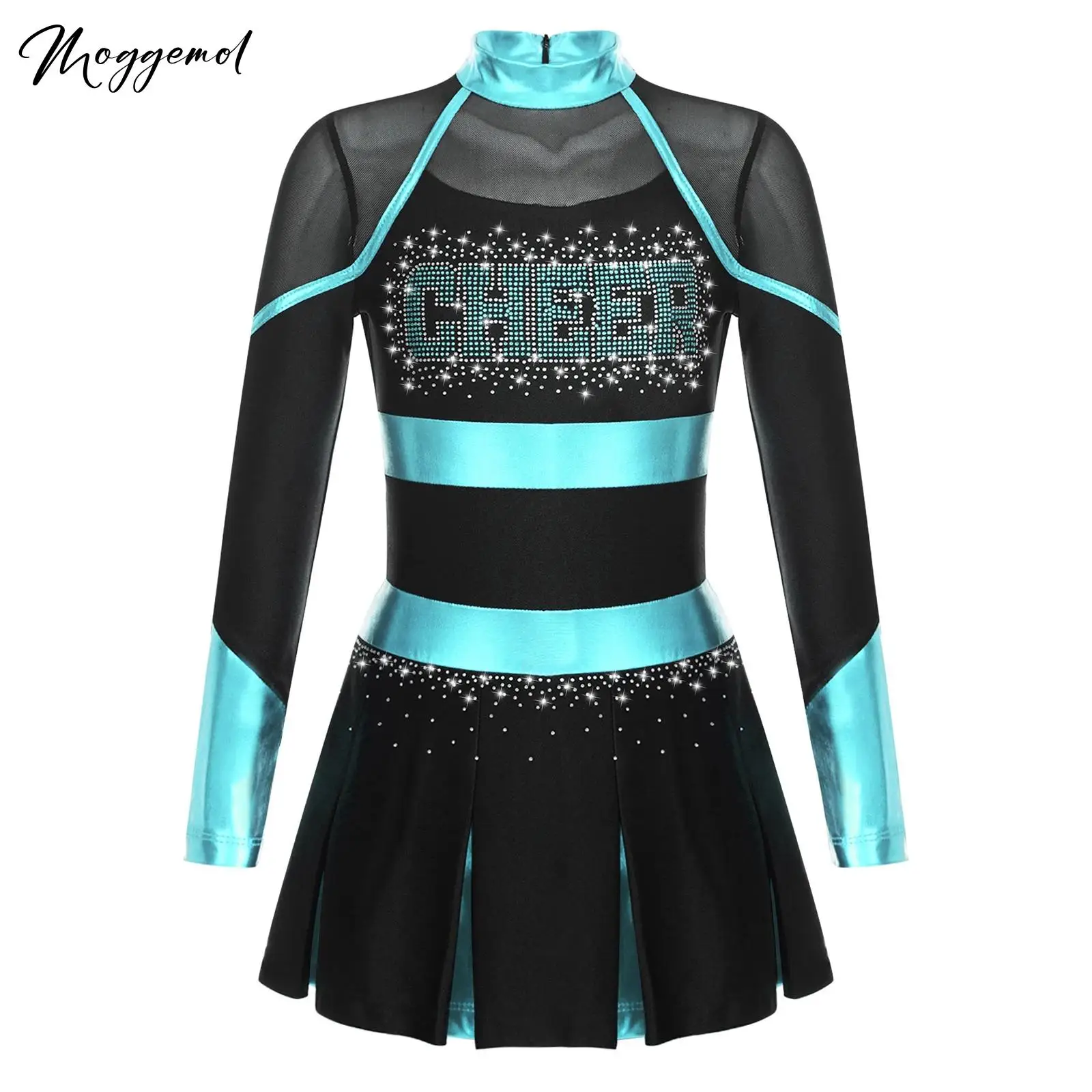 Kids Girls Cheerleader Costume Outfit Rhinestone Long Sleeve Dress Musical Cheerleading Uniform Halloween Party Carnival Cosplay