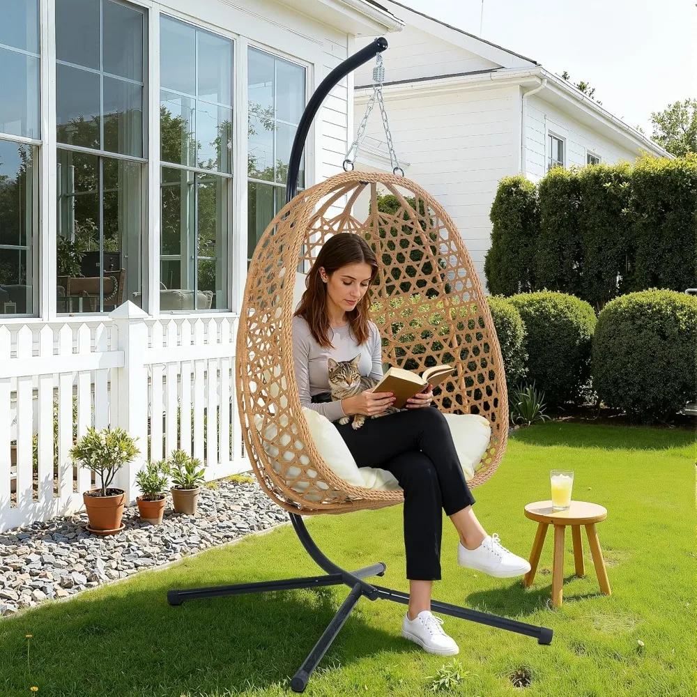 

Hanging Egg Chair with Cushions – Comfortable Rattan Swing Chair with Stand for Patio, Garden, or Balcony – Stylish and