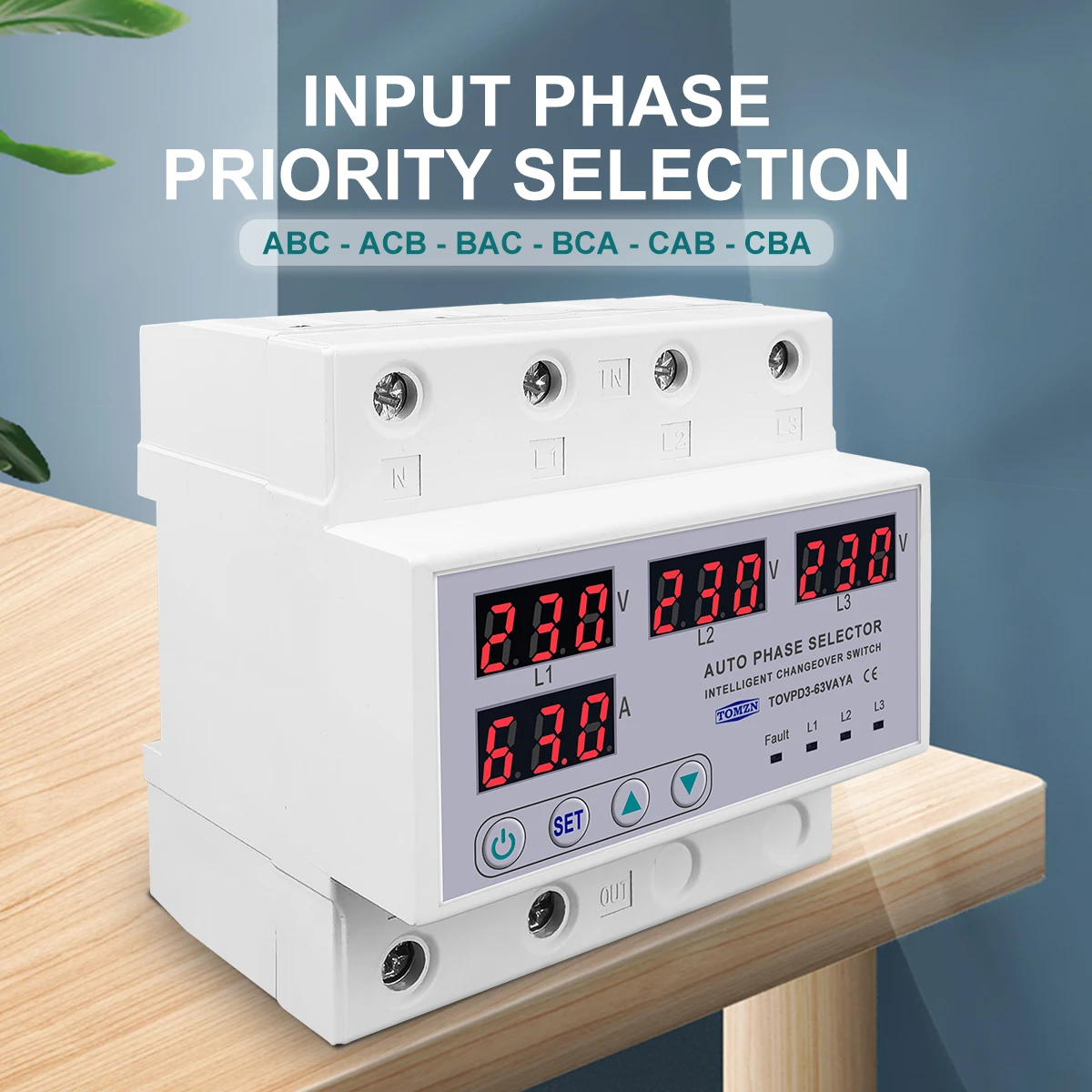 63A TOMZN 3 Phase 3P+N DIN Rail Phase Selector Adjustable Over And Under Voltage Current Protection Monitor Relays Protector