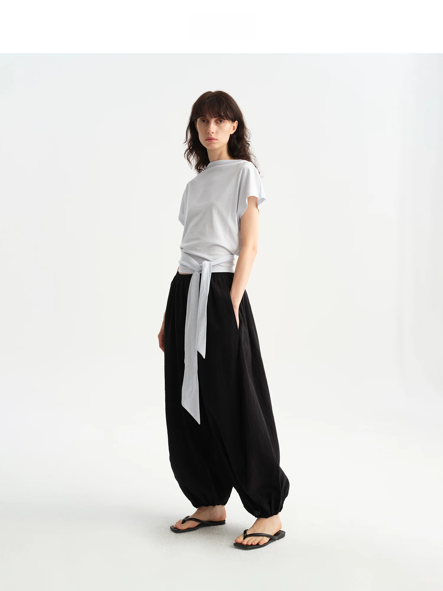 Airy Cuffed Casual Pants Loose Elastic Waist Draped Texture Women's Fashion Simple Style Lantern Leggings Summer Collection
