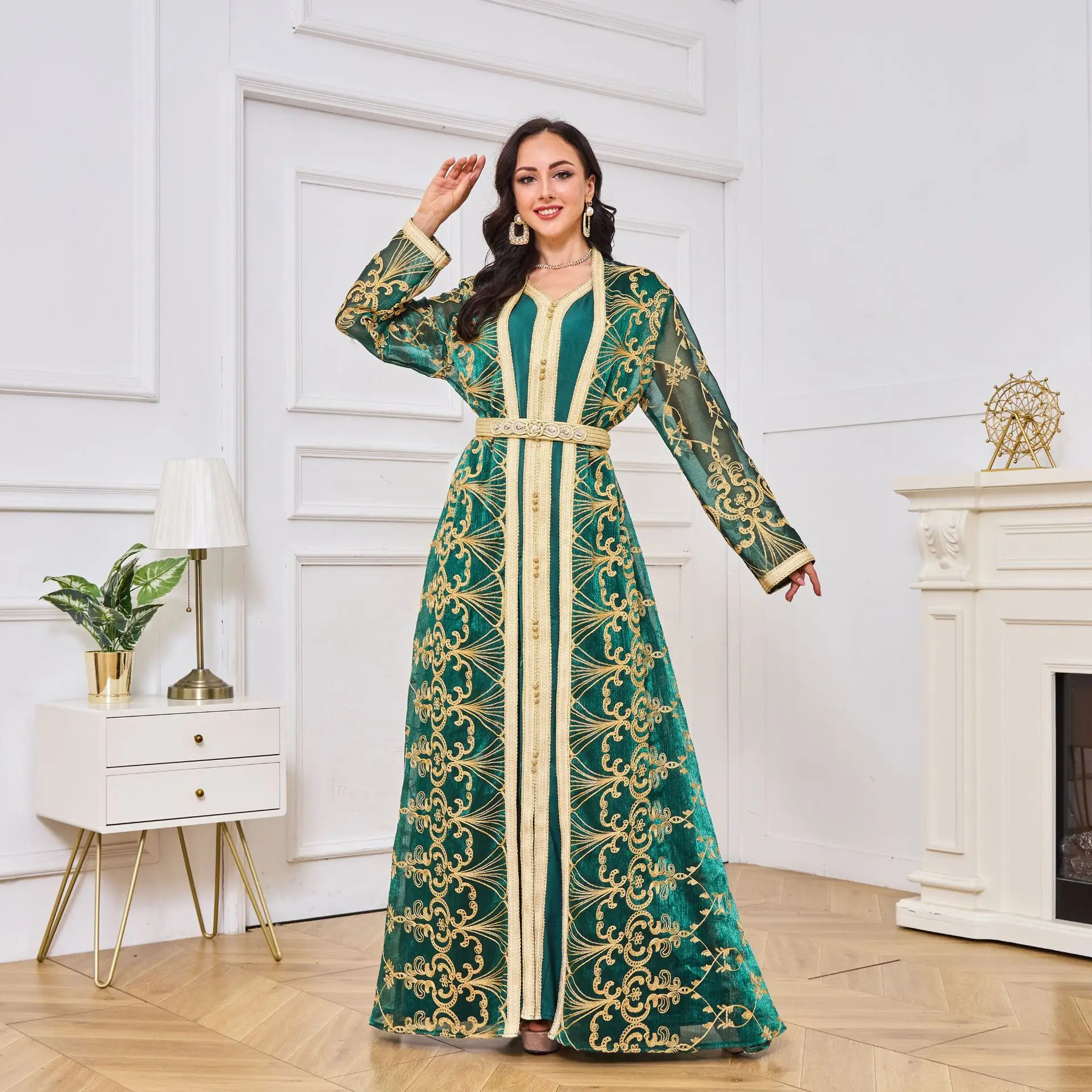 2026 Middle Eastern High-End Muslim Abaya: New Saudi Arabian Ladies' Fashion Embroidered Long Cardigan Two-Piece Dress Set