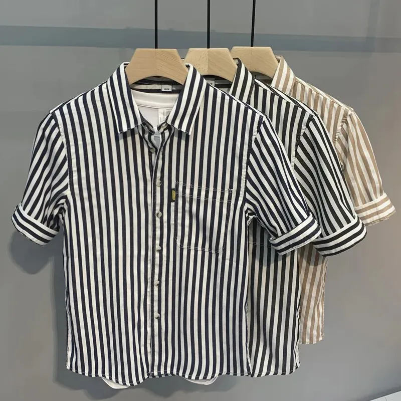 Summer Stripe Short Sleeve Ice Silk Men's Shirt Handsome Half Sleeve Slim Fit Cleanfit Style Youth Daily Wear No Ironing Requ...