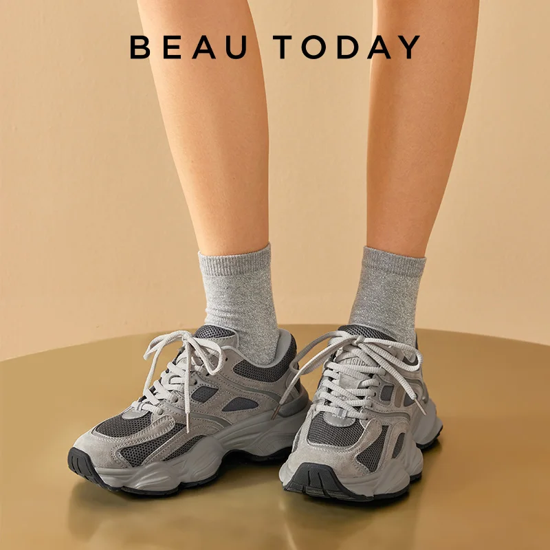 BEAUTODAY Grube Sneakersy Damskie Siateczkowe Mieszane Okrągły Nosek Sznurowane Gruba Podeszwa Nowe Oddychające Damskie Buty Sportowe Ręcznie Robione HW29A14 — zdjęcie 3