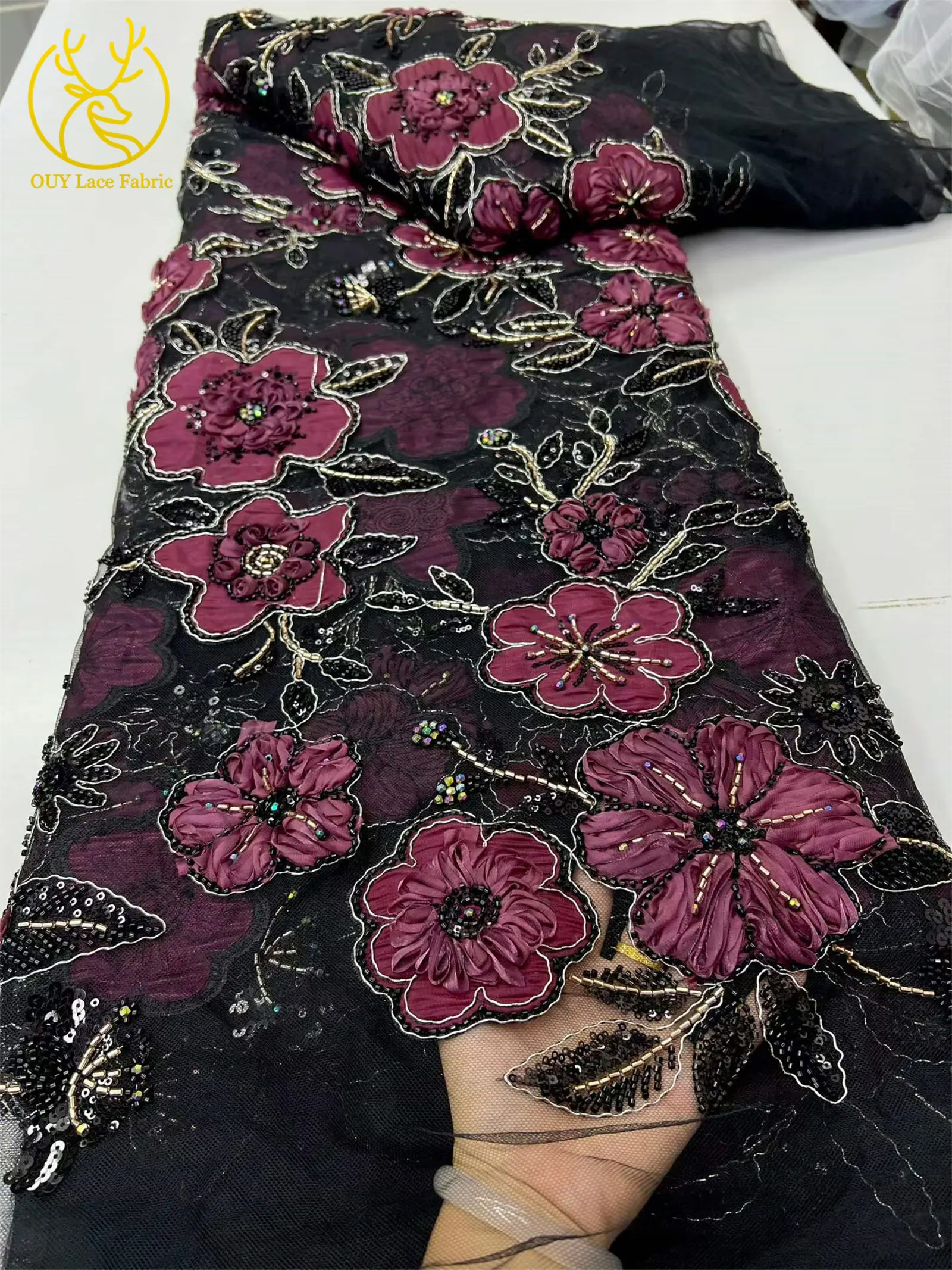 Afrikanischer Pailletten-Perlen-Spitzenstoff, hochwertiger nigerianischer französischer 3D-Blumen-Spitzenstoff für Kleidung, DIY, handgefertigter Stoff, 5 Yards – Detail 10