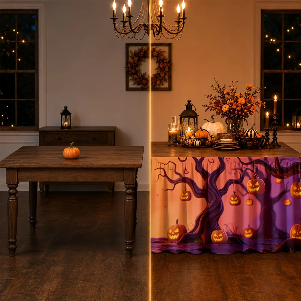 Halloween table skirt / tablecloth, featuring mysterious trees, pumpkins, orange and purple colorszyc