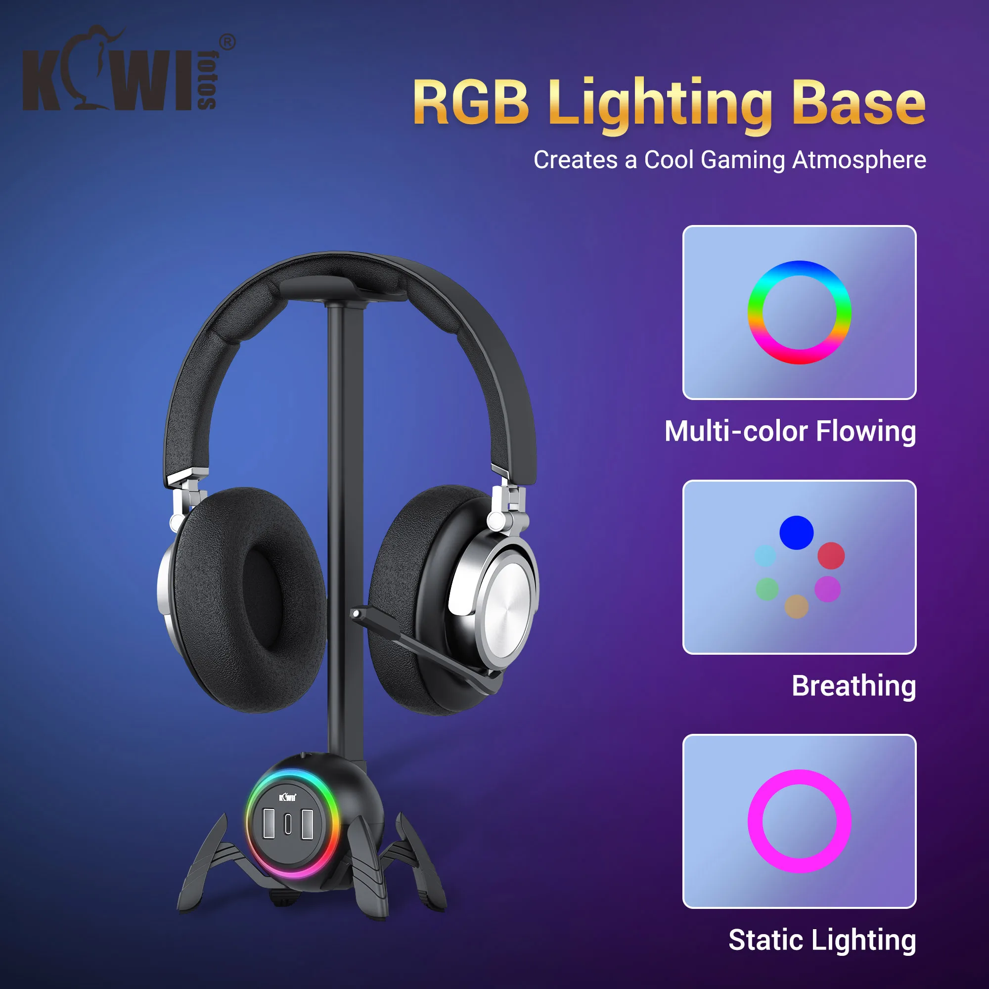 Stojak na zestaw słuchawkowy RGB Uchwyt na zestaw słuchawkowy do gier z portem USB 2 USB-C i 2 portami USB-A Wieszak na słuchawki na biurko Wspornik pionowy