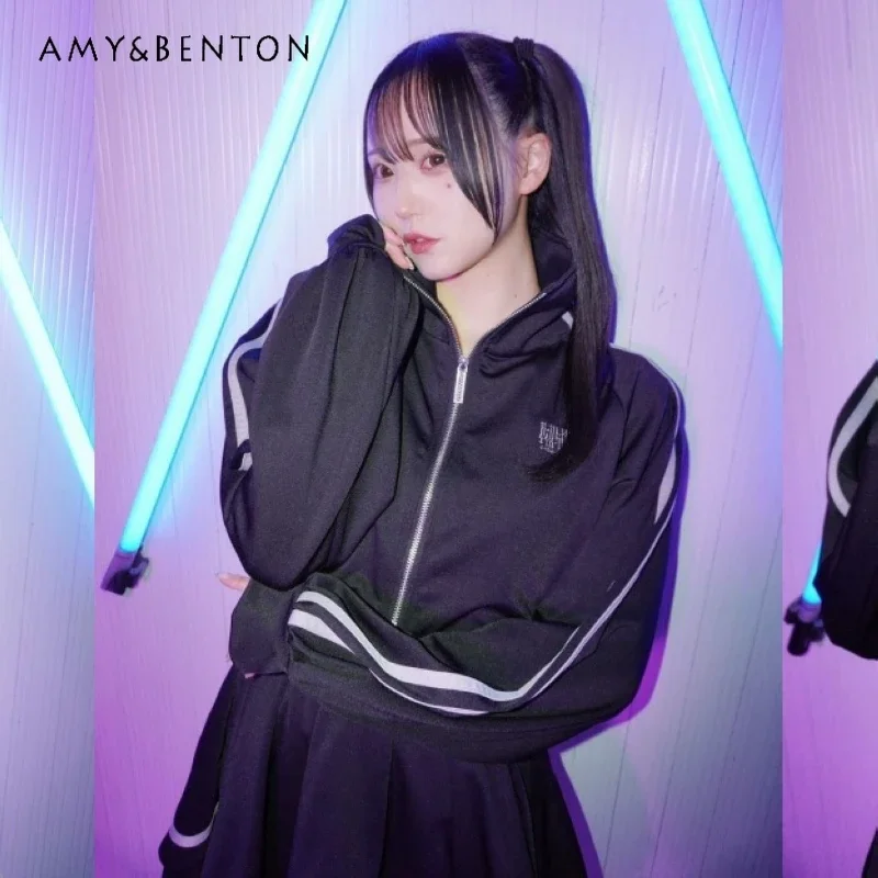 اليابانية Harajuku الحلو فتاة باردة الوقوف طوق سترة قصيرة وتنورة مطوي قطعتين مجموعة المرأة القوطية ثقافة فرعية الموضة