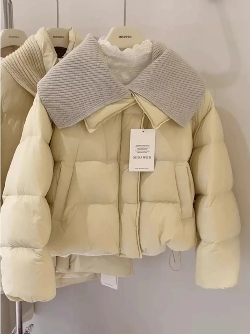 Knit Collar Padded Jacket for Women 2026 New Long Sleeved Loose Quilted Coat Winter Thick Warm Casual Short Puffer Jackets