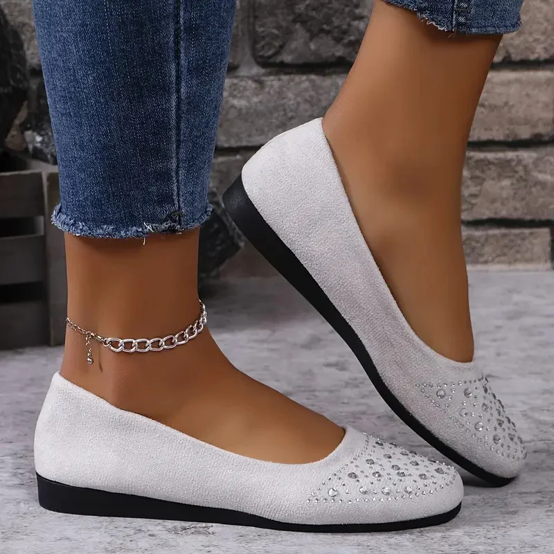 Women Flats 2024 Lightweight Ballet Woman Sneakers Shiny Crystal Shallow Loafers Women Flock Soft Sole Walking Shoes for Women