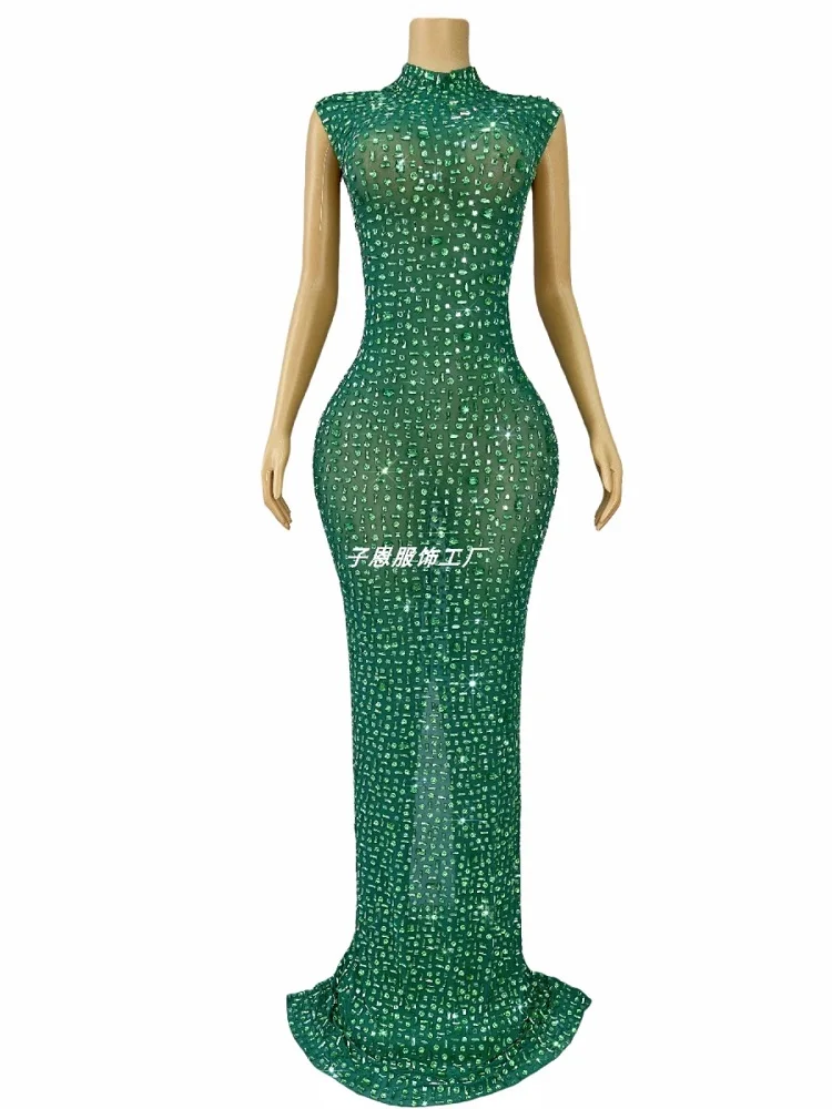 2024 new green crystal bright rhinestone gauze dress cocktail party red carpet temperament evening dress costume