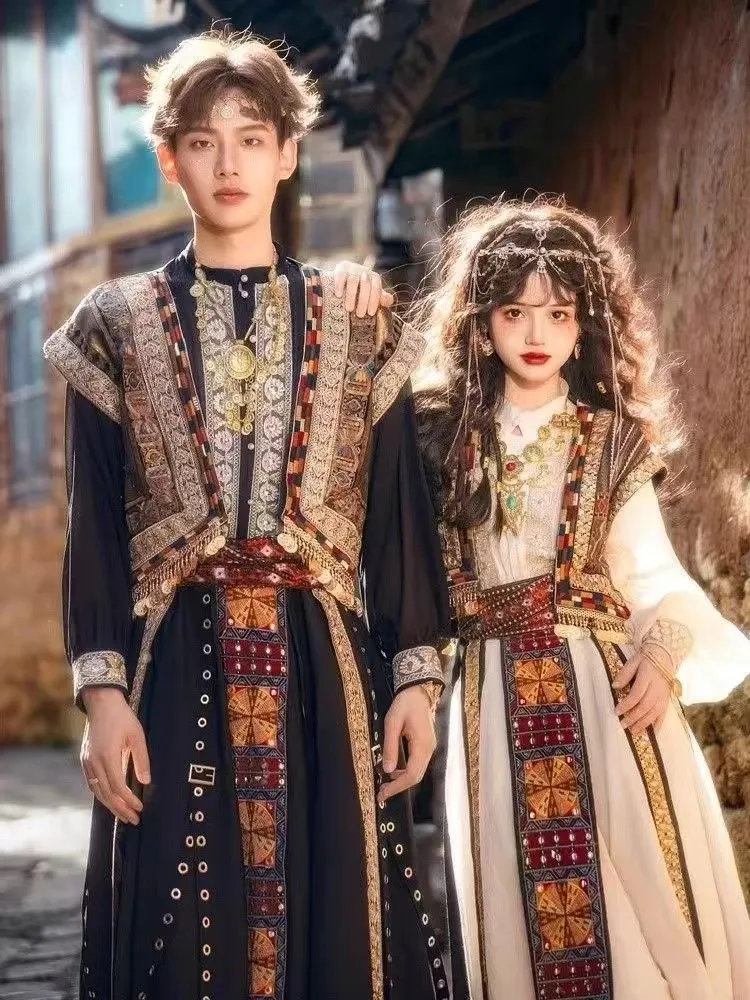 

Exotic ethnic style couple outfits for men ancient Chinese suits and women travel photography