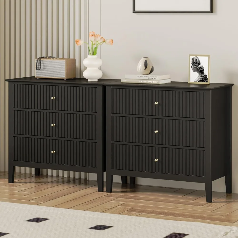 3 Drawer Dresser Set of 2, Fluted Chest of Drawers with Storage, Modern Painted 30 inch Tall Nightstand for Bedroom L