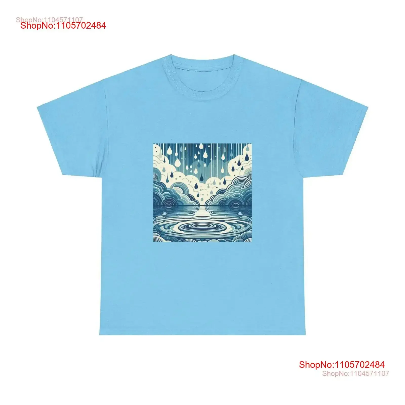 Rainy Day Heavy Cotton T Shirt Abstract Rain Clouds Water Ripple Design Serene Atmosphere Nature Lover Blue Teal vintage