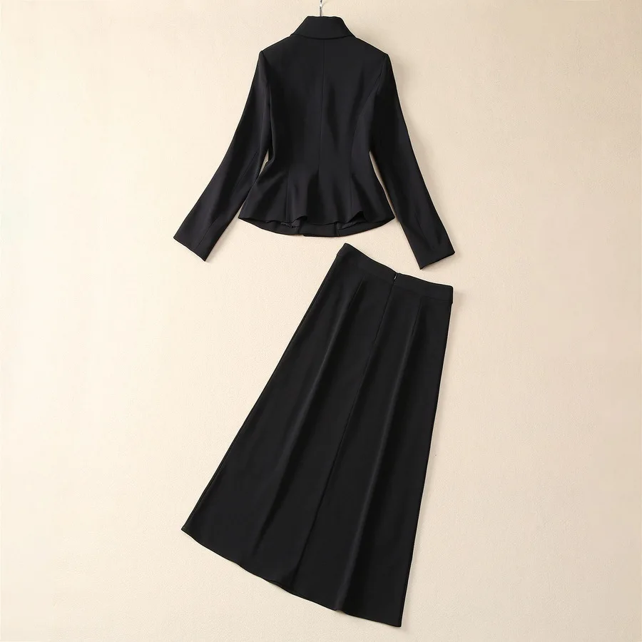 Europe and the United States women's 2024 winter new Long-sleeved suit collar black single-breasted jacket skirt Fashion suit