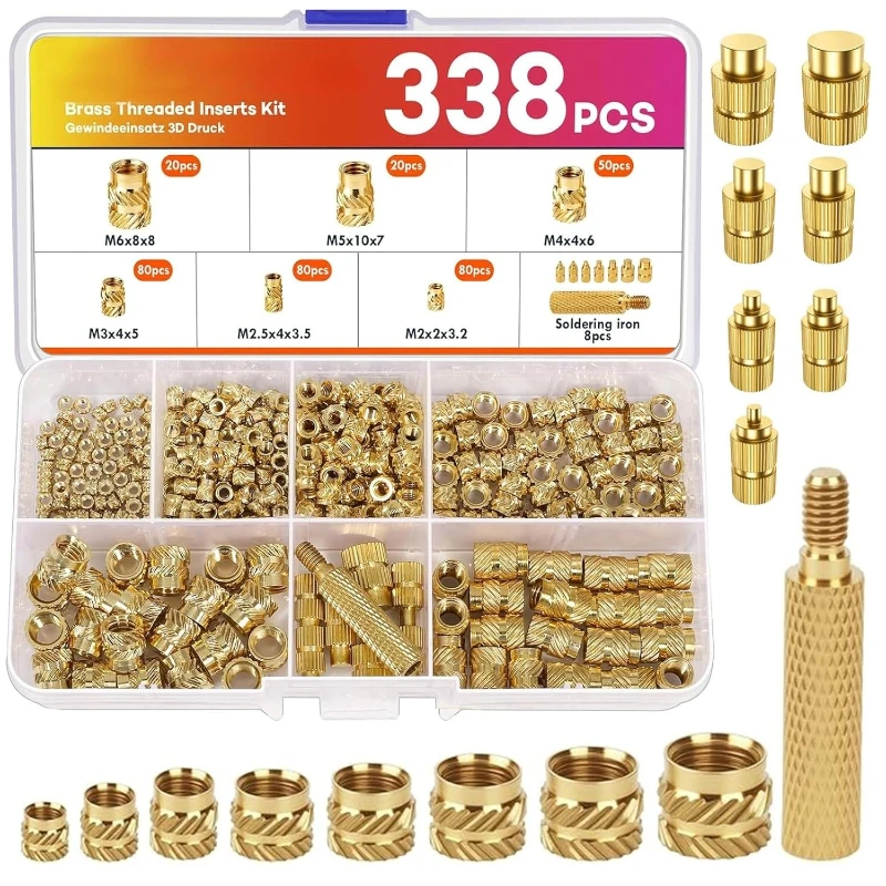 338pcs Threaded Insert Nuts M2/M2.5/M3/M4/M5/M6 3D Printer Brass Embedding Nuts Melting Thread Insert Female Thread Knurled Nuts