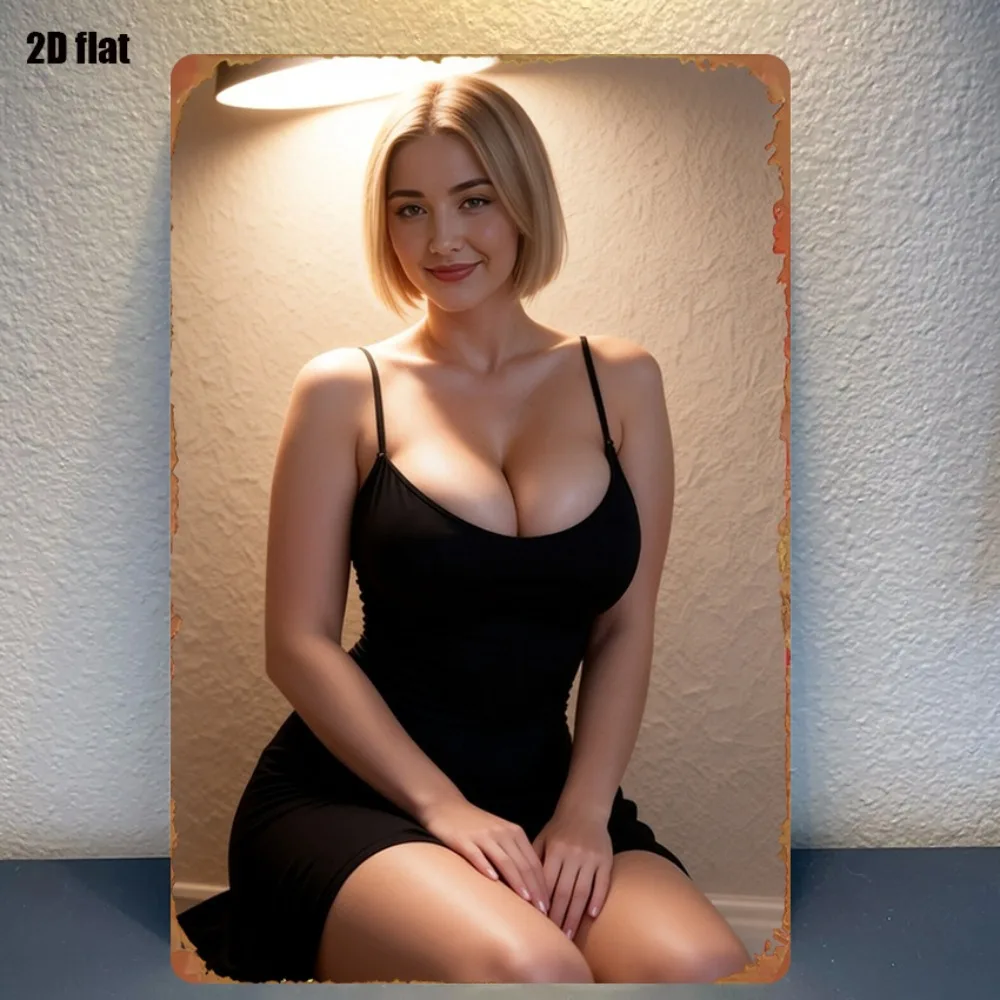 1pc Retro Blonde Woman Black Dress Iron Sign Vintage Wall Art 2D Flat Hanging Decor For Living Room Game Room 8x12 Inches