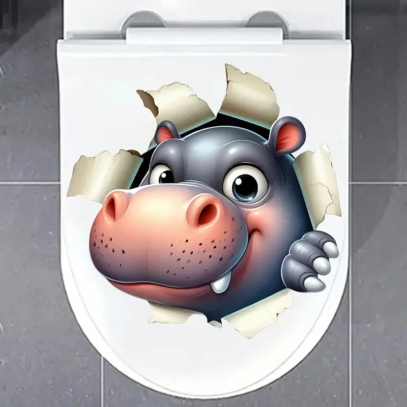 Whimsical Hippo Peeking Crack Decal - Playful 3D Animal Wall Sticker for Toilet Lid, Bathroom Decor