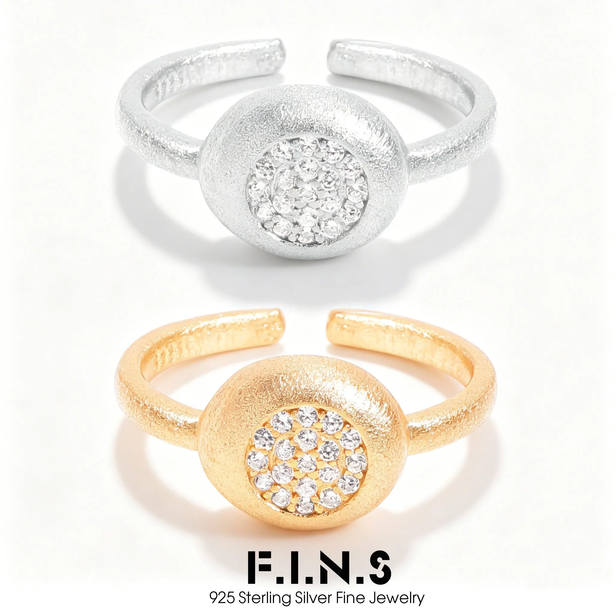 F.I.N.S Matt Round S925 Sterling Silver Ring For Women Minimalist Zirconia Texture Brushed Open Adjustable Finger Fine Jewelry